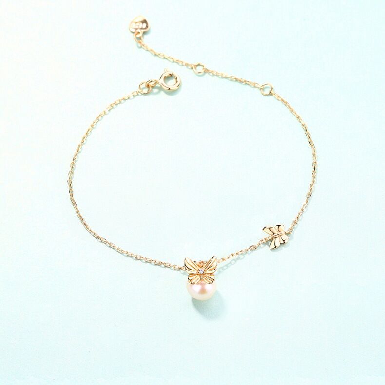 Pearl S925 Sterling Silver Bow Bracelet with 9k Yellow Gold Plating